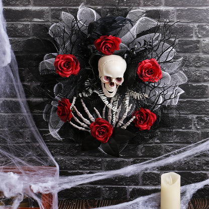 Decorazione di Halloween – Ghirlanda con teschio di fantasma e rose rosse