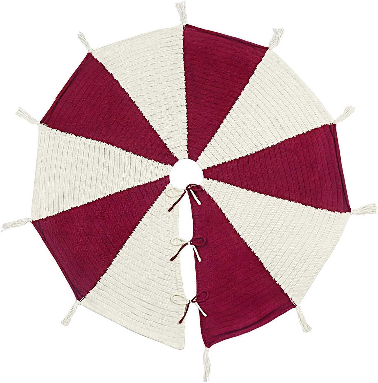 Gonna per albero di Natale – Maglia rossa e bianca con nappine decorative